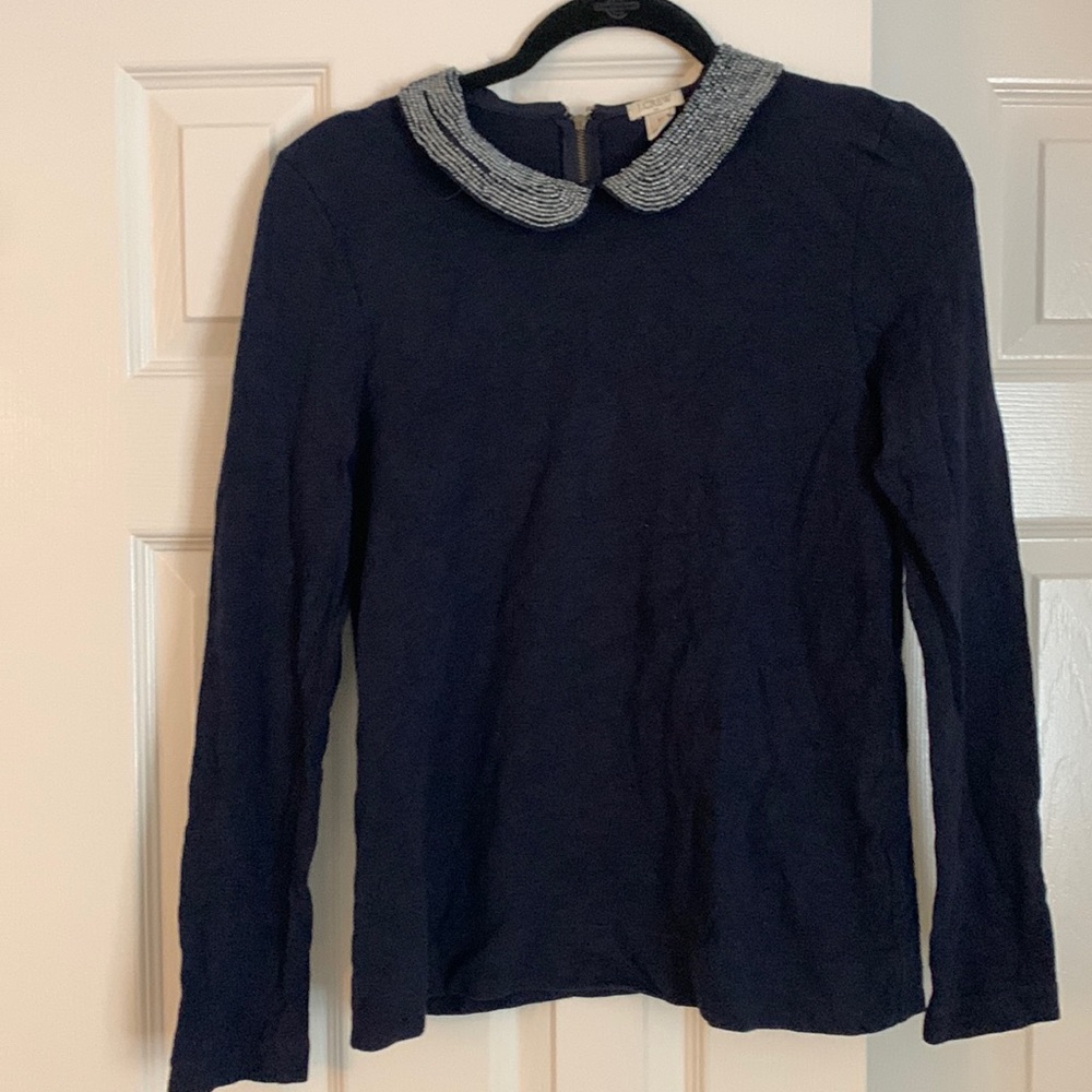 Navy J. Crew sweater with beaded collar